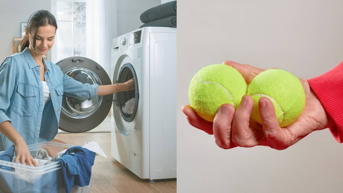 montage montrant une femme devant une machine à laver et des balles de tennis de l'autre