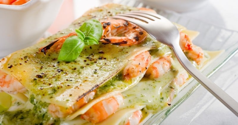 Lasagnes aux crevettes et pesto