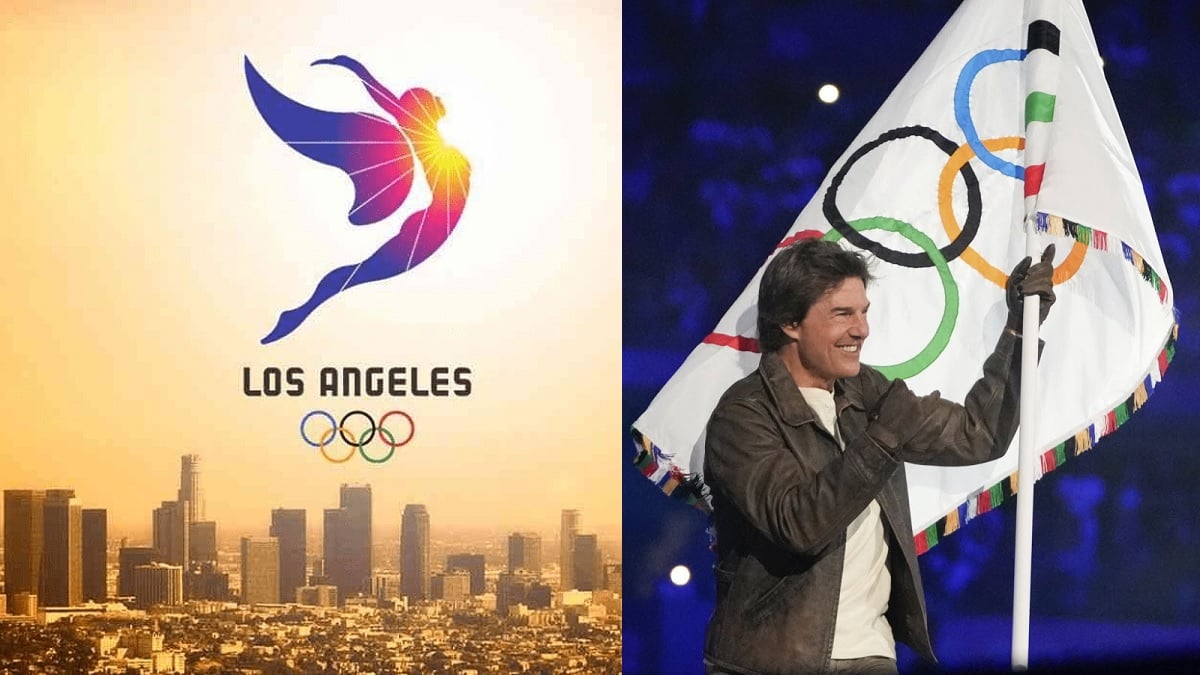 logo des JO de Los Angeles 2024 d'un côté et Tom Cruise portant le drapeau olympique de l'autre