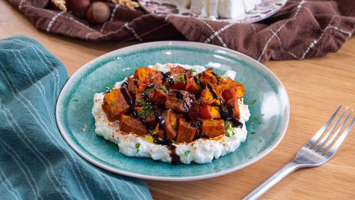 Cubes de potimarron rôti aux épices et crème de feta