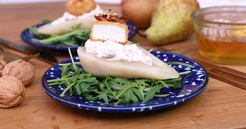 Poire farcie fromage frais chèvre chaud