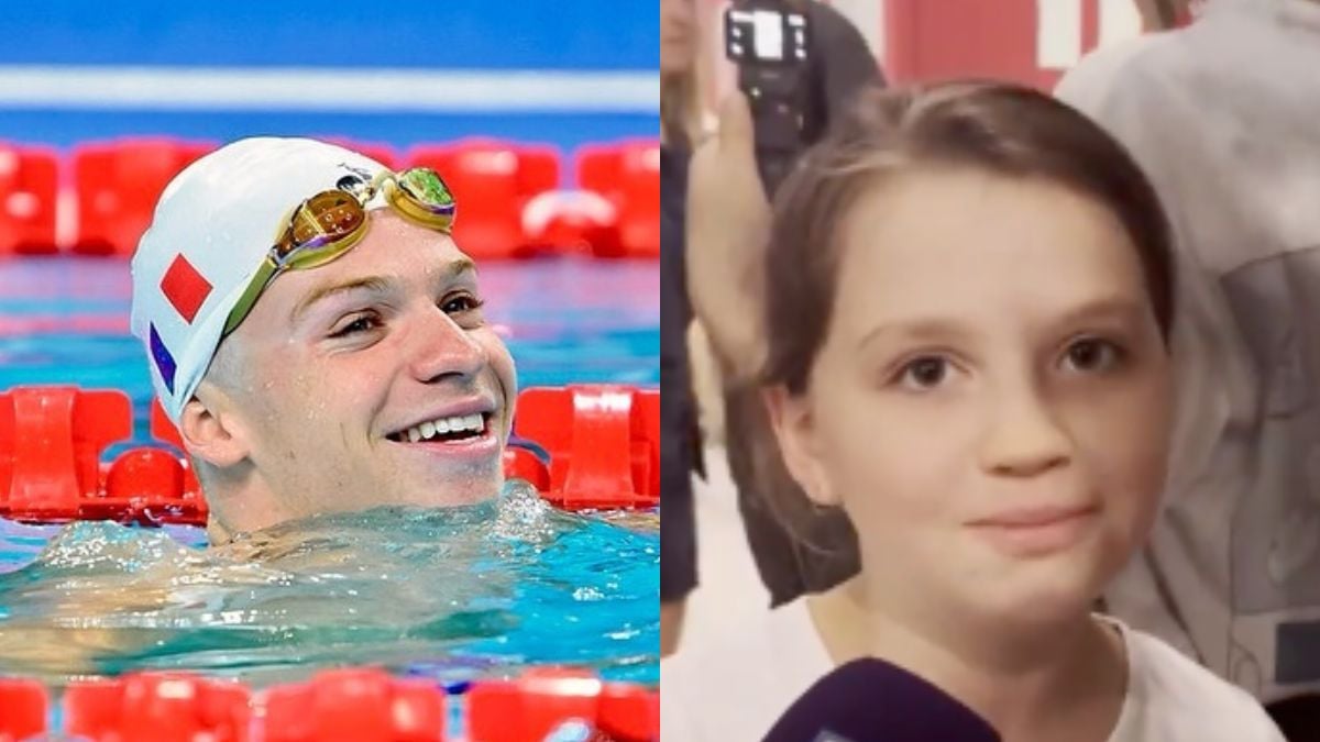 Léon Marchand et une jeune supportrice, prénommée Apolline