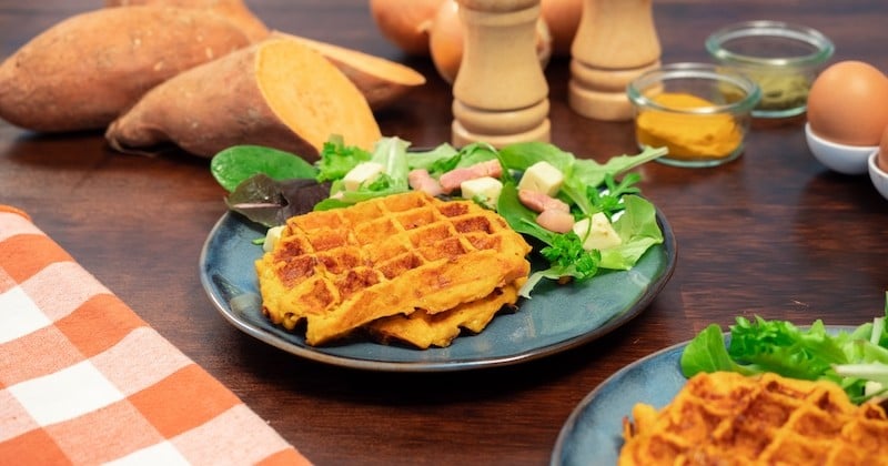 Gaufres de patates douces aux lardons de poulet