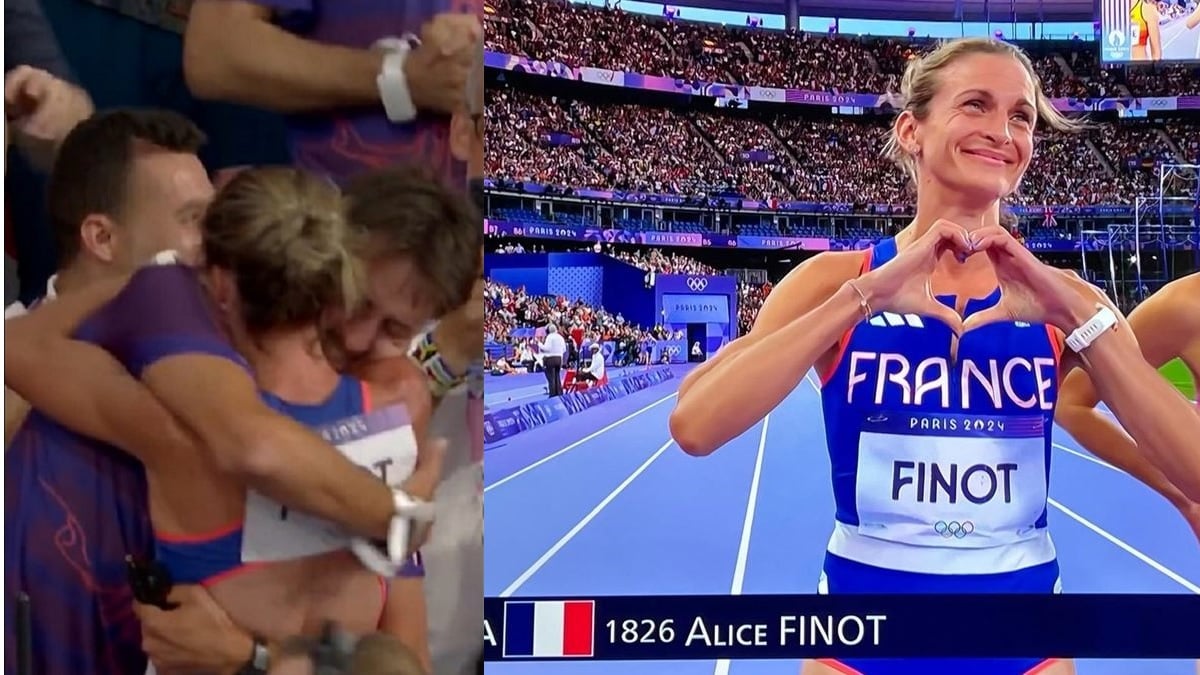 montage d'Alice Finot enlaçant son compagnon d'un côté et sur la ligne de départ avant la finale du 3000m steeple