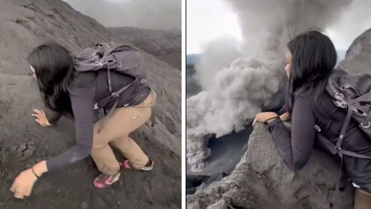 Une touriste inconsciente escalade un volcan actif sans se rendre compte de sa terrible erreur