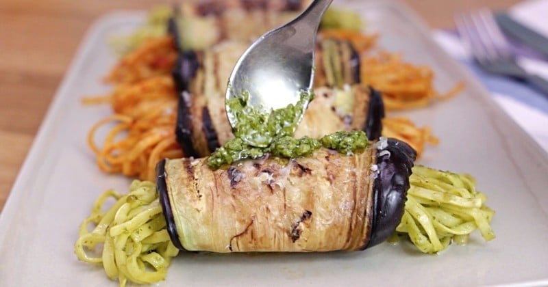 Baciami d'aubergines aux fettuccini et sa sauce pesto