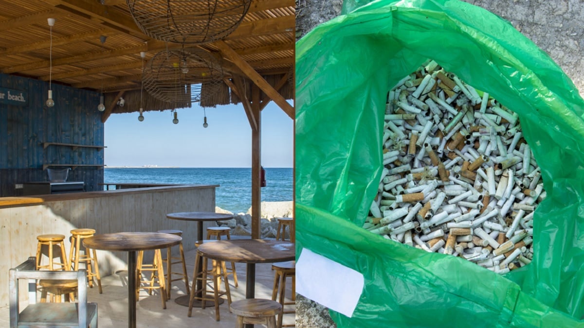 bar de plage d'un côté et sac de mégots de cigarettes de l'autre 