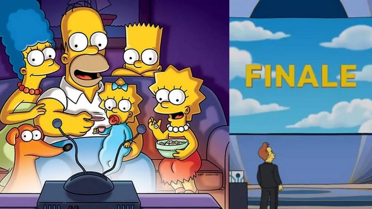 Les Simpson regardant la télévision d'un côté et le générique final de l'autre