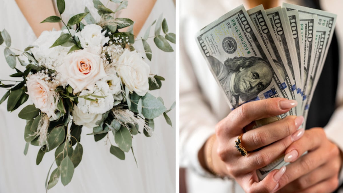 Bouquet de mariée / Une femme qui tient des billets de 100 dollars 