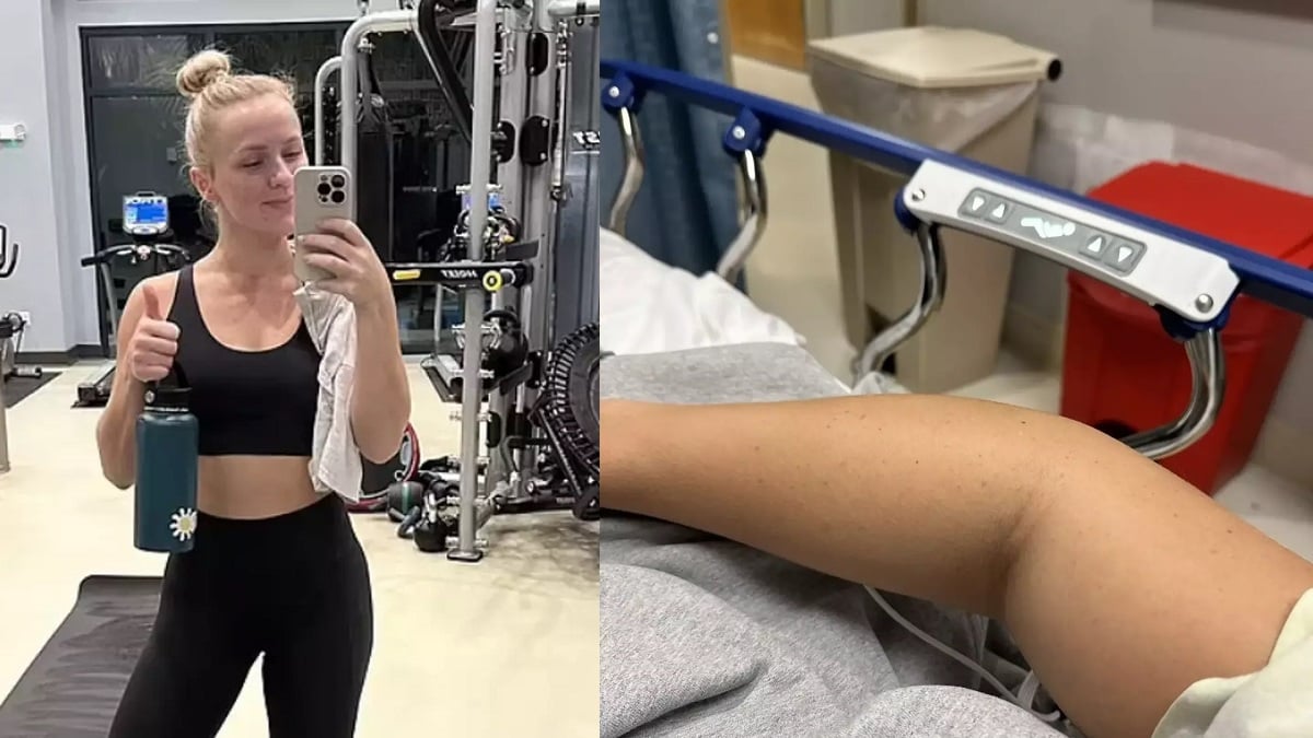 montage d'une jeune femme à la salle de sport d'un côté et gros plan sur son muscle gonflé de l'autre