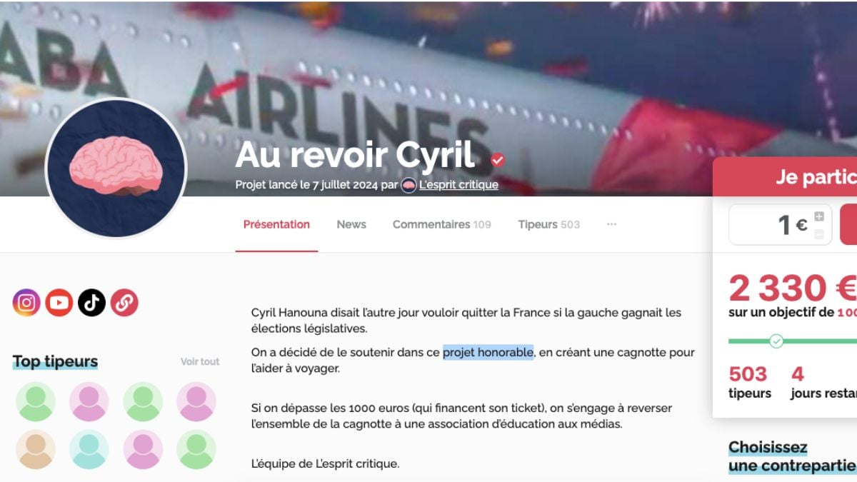 Capture d'écran de la cagnotte, lancée en ligne, pour aider Cyril Hanouna à « quitter la France »