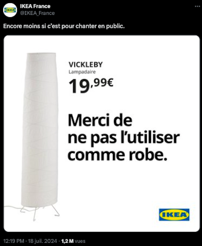 Le tweet d'Ikea compare sa lampe à la robe portée par Arielle Dombasle