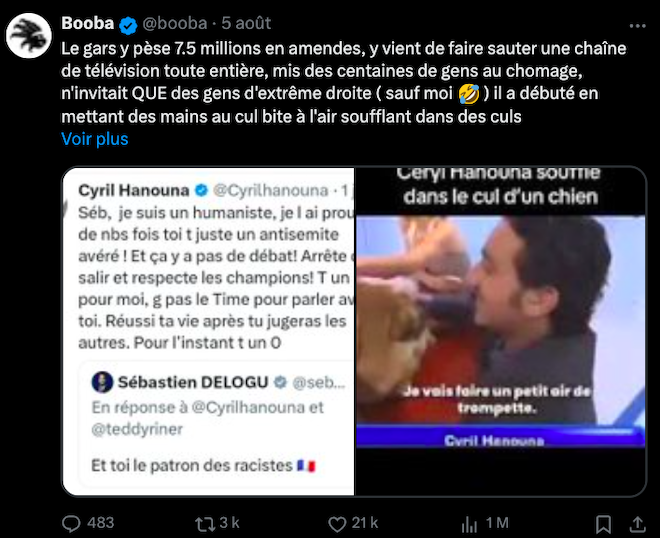 Booba attaque Cyril Hanouna sur X