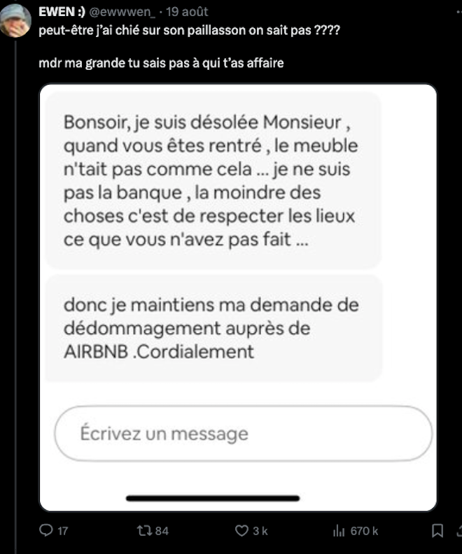 Capture d'écran du litige entre Ewen et l'hôte Airbnb