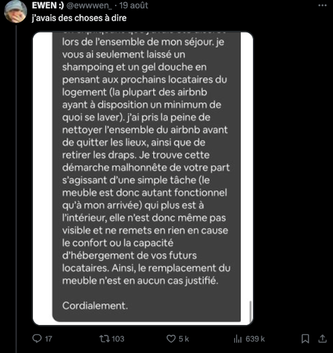 Capture d'écran du litige entre Ewen et l'hôte Airbnb