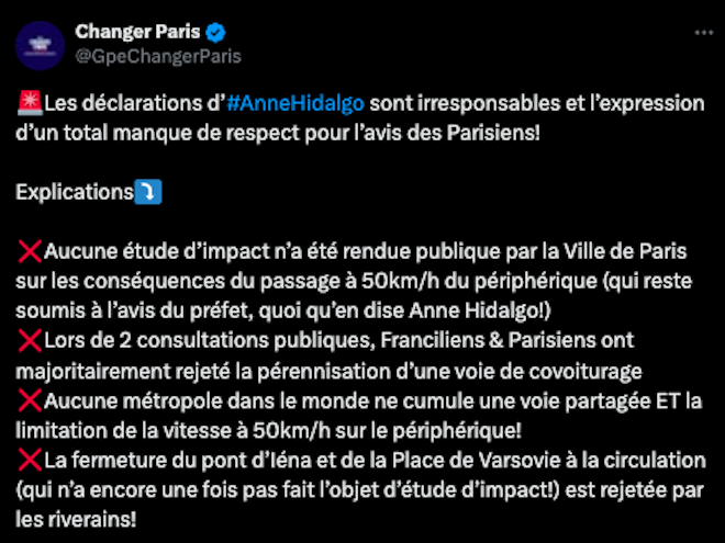 Changer Paris dénonce les mesures voulues par Anne Hidalgo