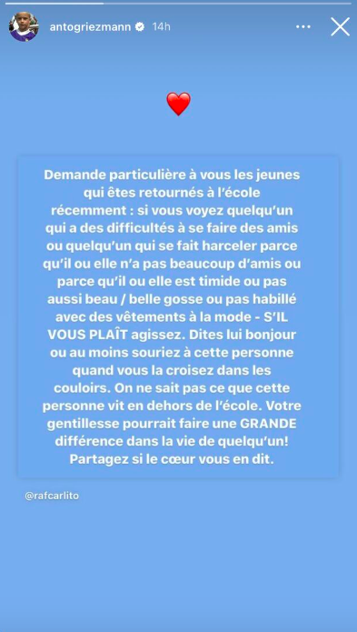 Capture d'écran d'un message dans lequel Antoine Griezmann parle du harcèlement scolaire