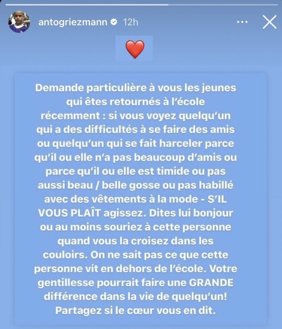 Le message d'Antoine Griezmann contre le harcèlement scolaire