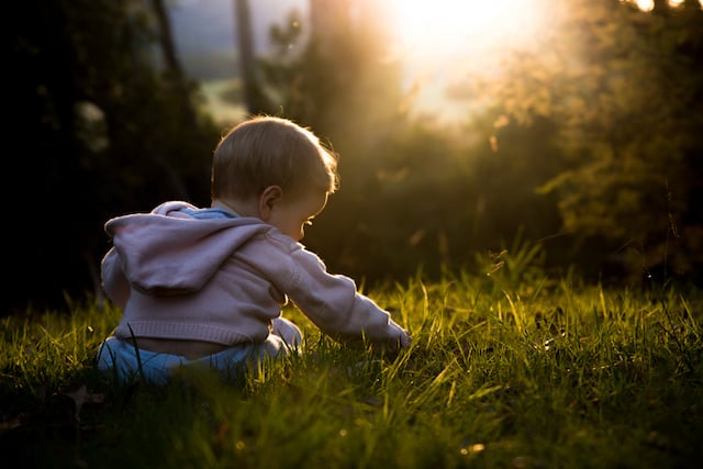 Un bébé en train de jouer dans un jardin