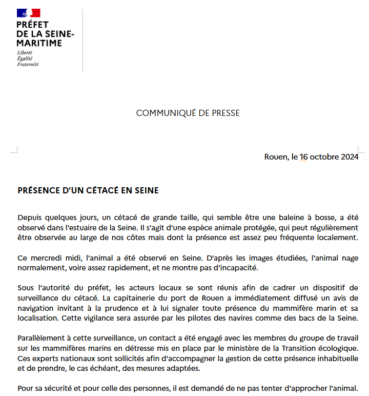 Le communiqué de presse de la préfecture de la Seine-Maritime