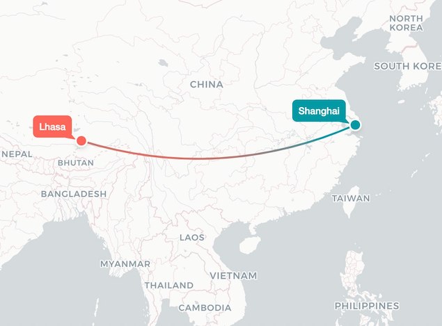 Carte montrant le trajet reliant Shanghai à Lhassa 