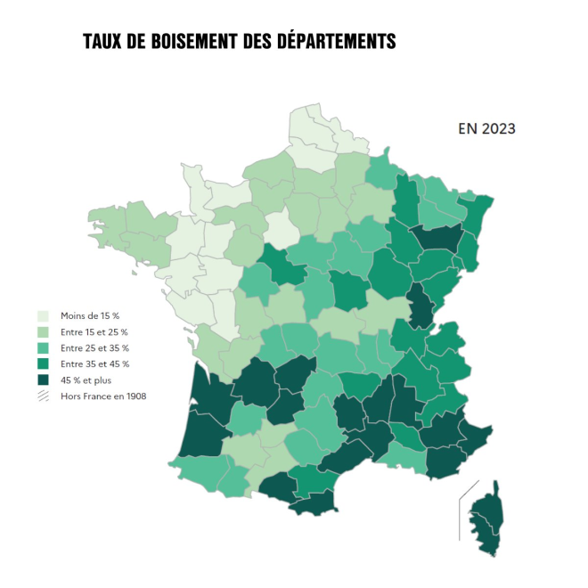 La carte du taux de boisement des départements