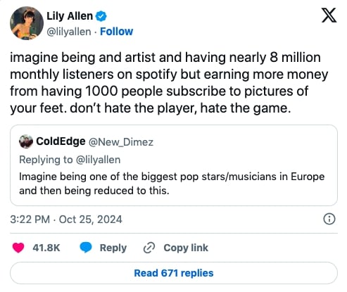 Capture d'écran d'une publication de Lily Allen sur X