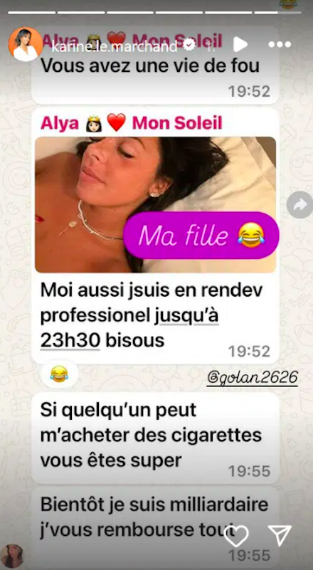 Conversation Whatsapp entre Karine Le Marchand et sa fille Alya