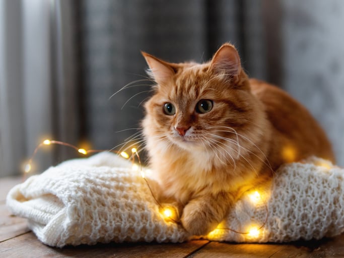 Un chat sur une couverture et une guirlande