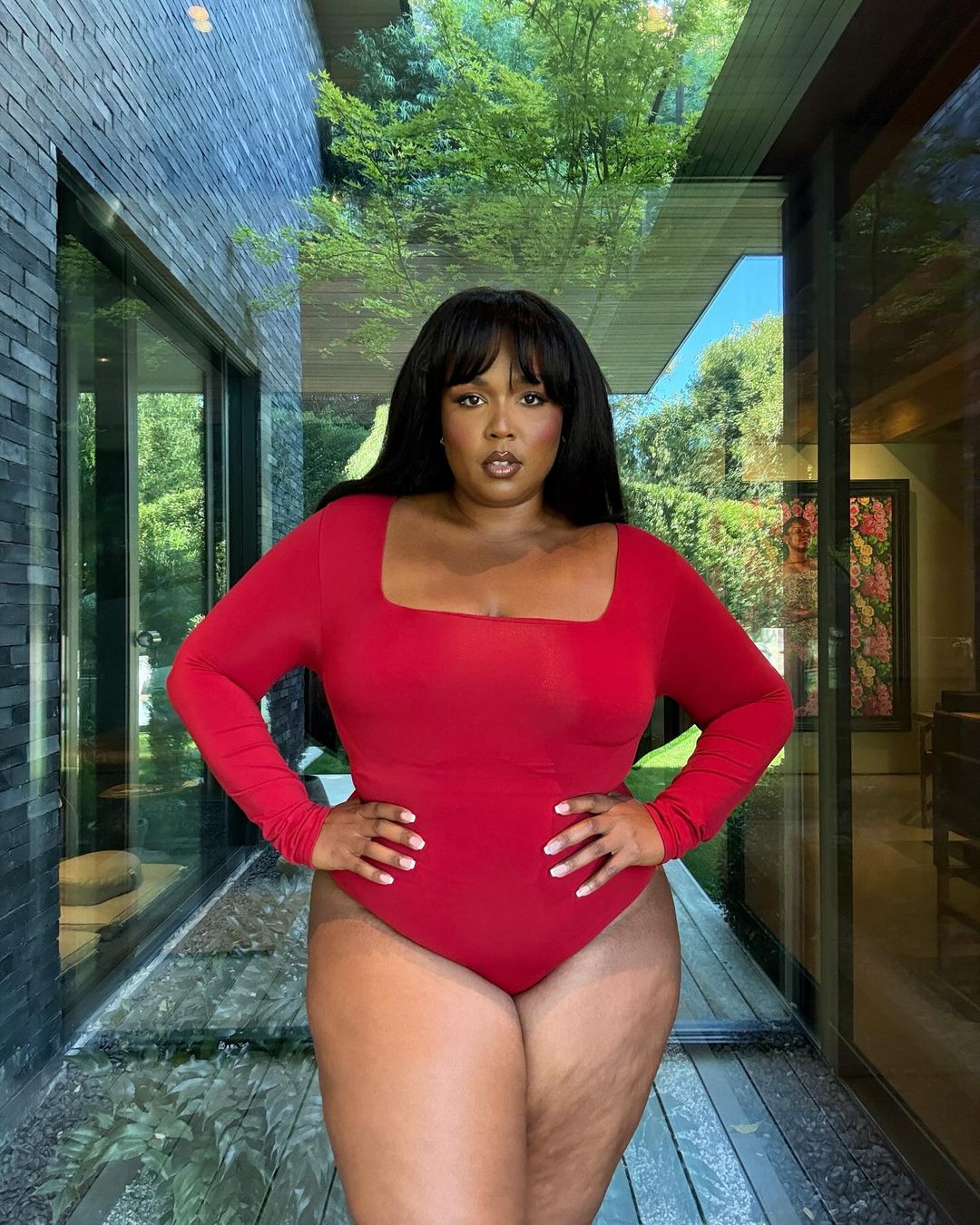 La chanteuse Lizzo prend la pose, en body rouge