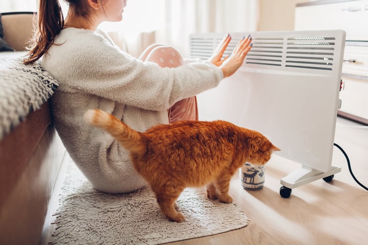 Une femme et un chat devant un radiateur