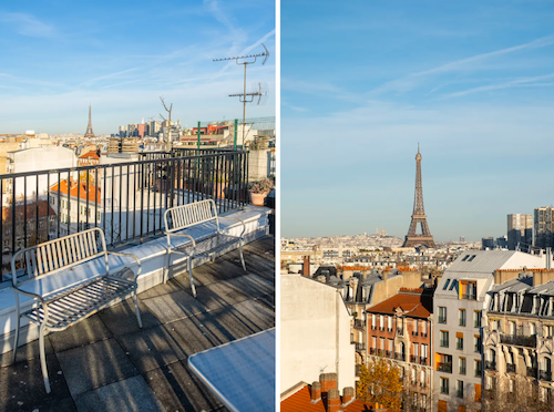 Balcon et terrasse avec vue sur la tour Eiffel