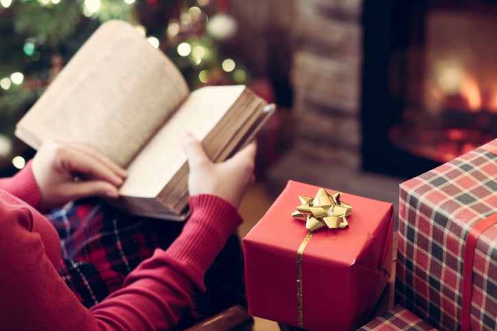 Une personne lit un livre à Noël