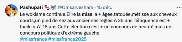 Capture d'écran d'une critique de l'élection de Miss France 2025