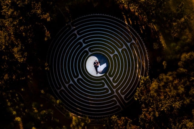 Des mariés allongés au milieu de la forêt