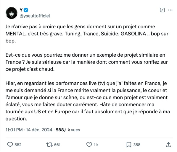 Publication de la chanteuse Yseult sur le réseau social X