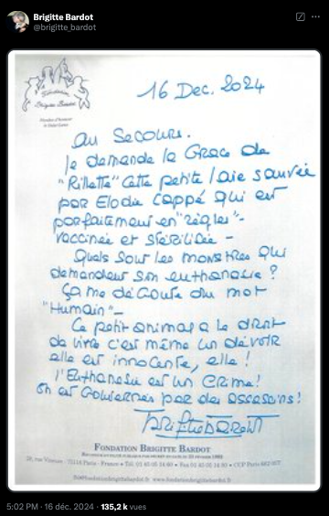 Message de Brigitte Bardot sur l'affaire du sanglier Rillette