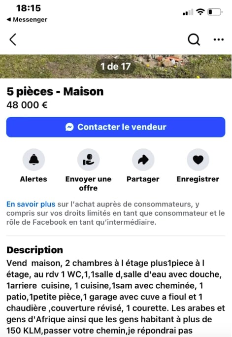 Annonce immobilière ouvertement raciste, repérée sur Facebook