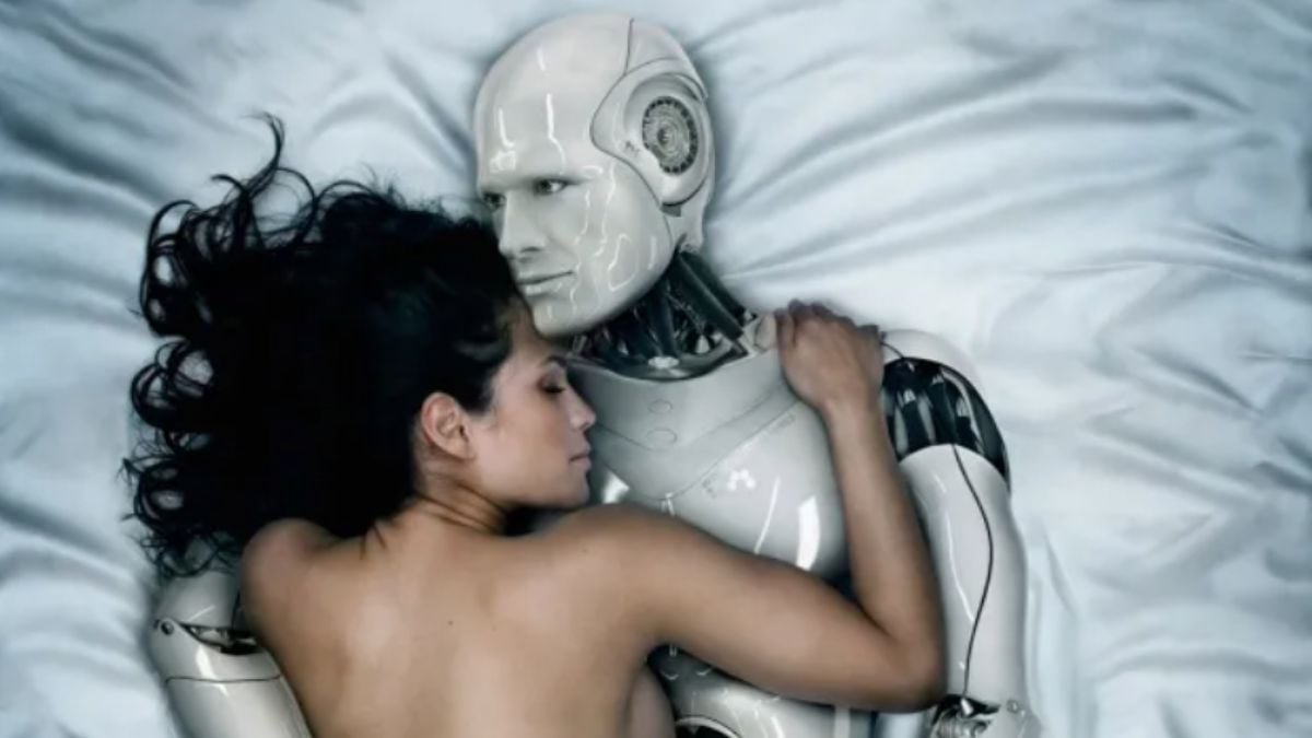 Une femme dort avec un robot (représentation futuriste)