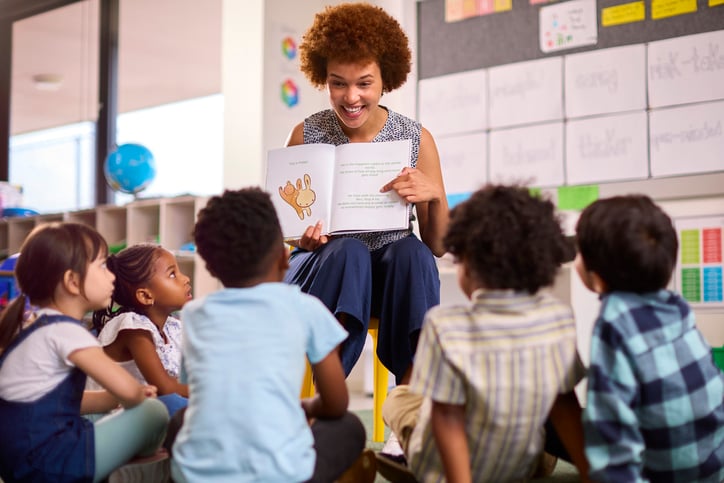 Une femme lit un livre à des enfants