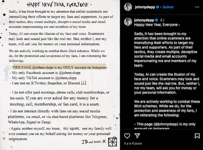 Johnny Depp alerte ses fans sur Instagram