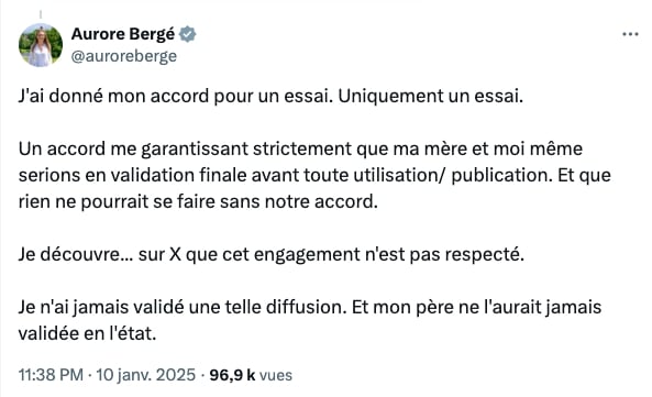 Message publié par Aurore Bergé sur le réseau social X