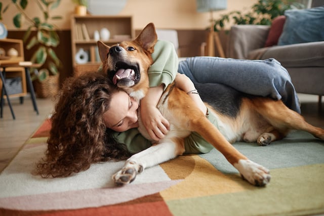 Une femme en train de caresser son chien