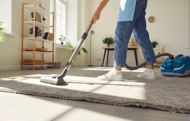 Une femme en train de passer l'aspirateur 