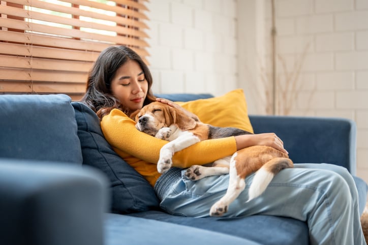 Une femme câline un chien