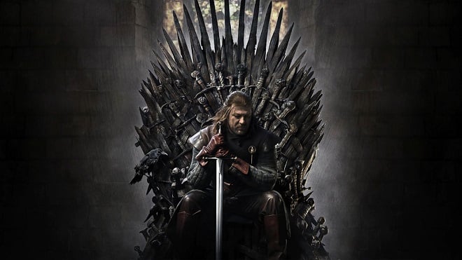 affiche de Game of Thrones montrant Ned Stark sur le trône de fer 