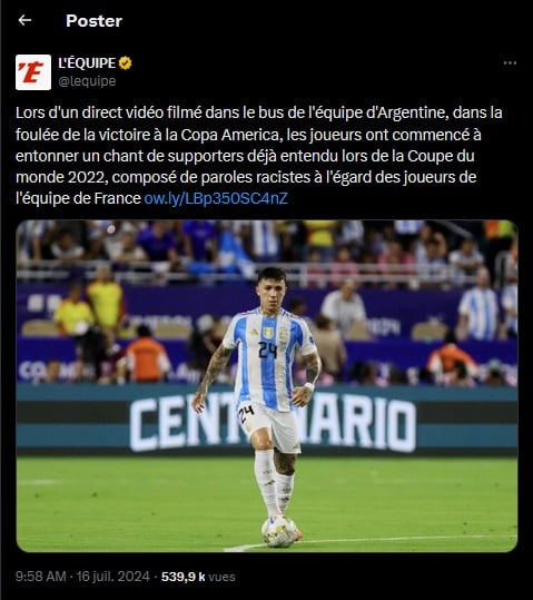 capture d'écran d'un tweet de l'Équipe