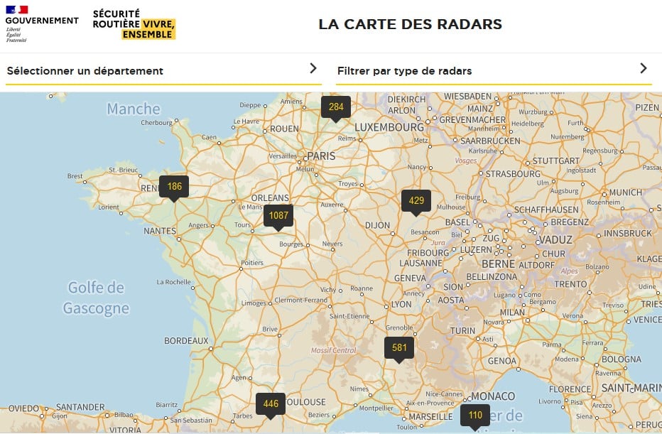 Capture d'écran de la carte interactive des radars en France