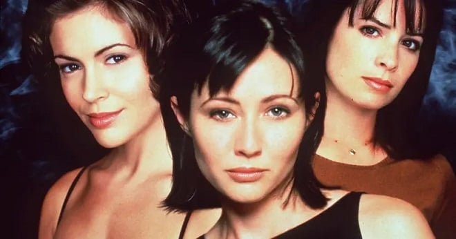 affiche de la série Charmed avec Shannen Doherty, Alyssa Milano et Holly Marie Combs