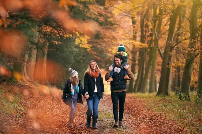 famille heureuse se promenant dans les bois en automne